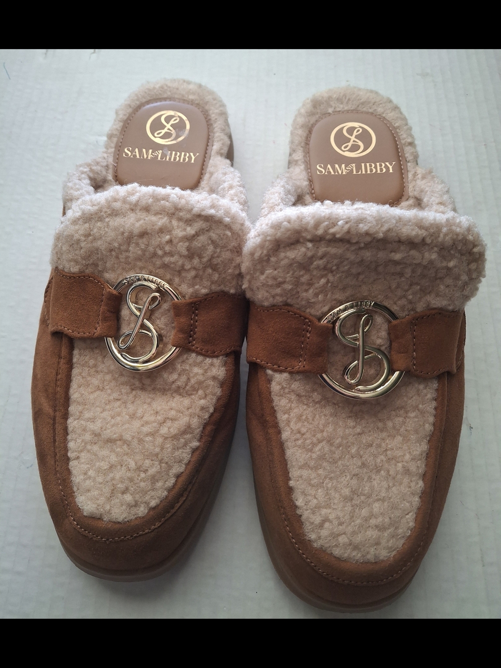 Sam & Libby Tan Suede Shearling Mules